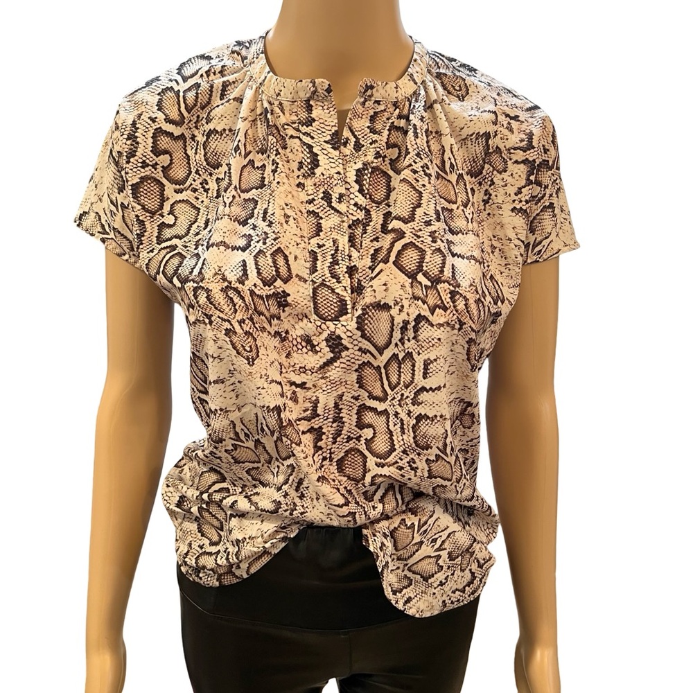 Cream and Brown Relaxed Blouse with Cap Sleeves and Mandarin Collar